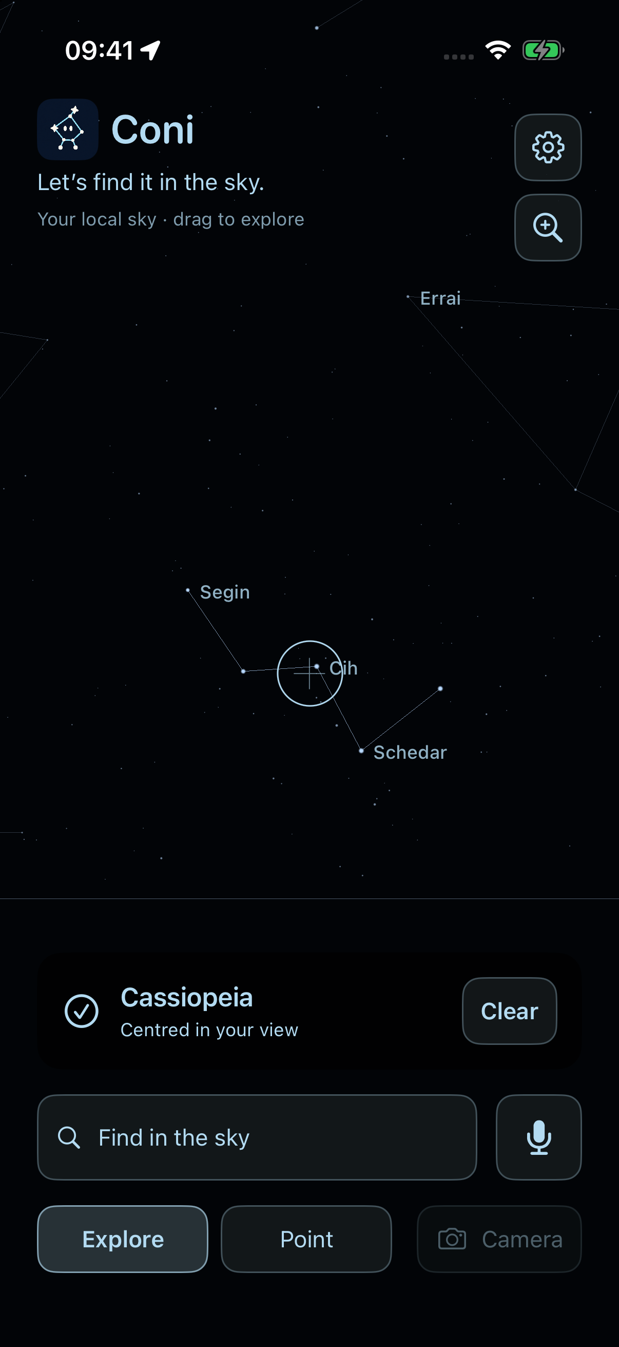 Coni’s current sky map with Cassiopeia selected, constellation outlines, search and zoom controls